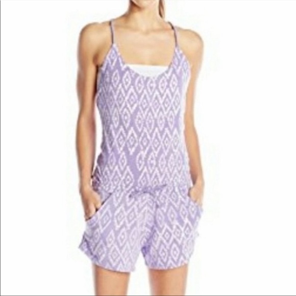 Tasc Organic Cotton Bamboo Festival Drawstring Open Halter Back Purple Romper - Picture 1 of 13